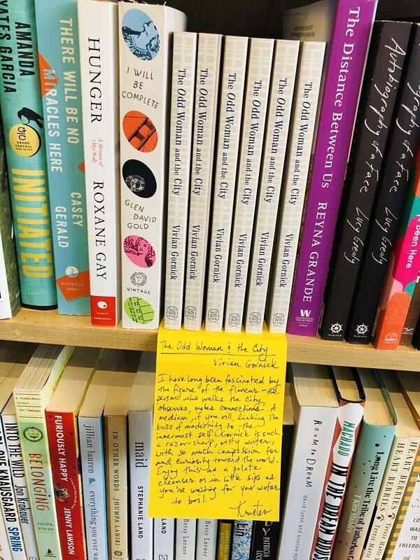 As you stroll through the bookstore, you'll find hand-picked recommendations from the store's staff. Kristen suggests The Odd Woman & the City by Vivian Gornick. Image: Javacia Harris Bowser Suggestion in Birmingham bookstore