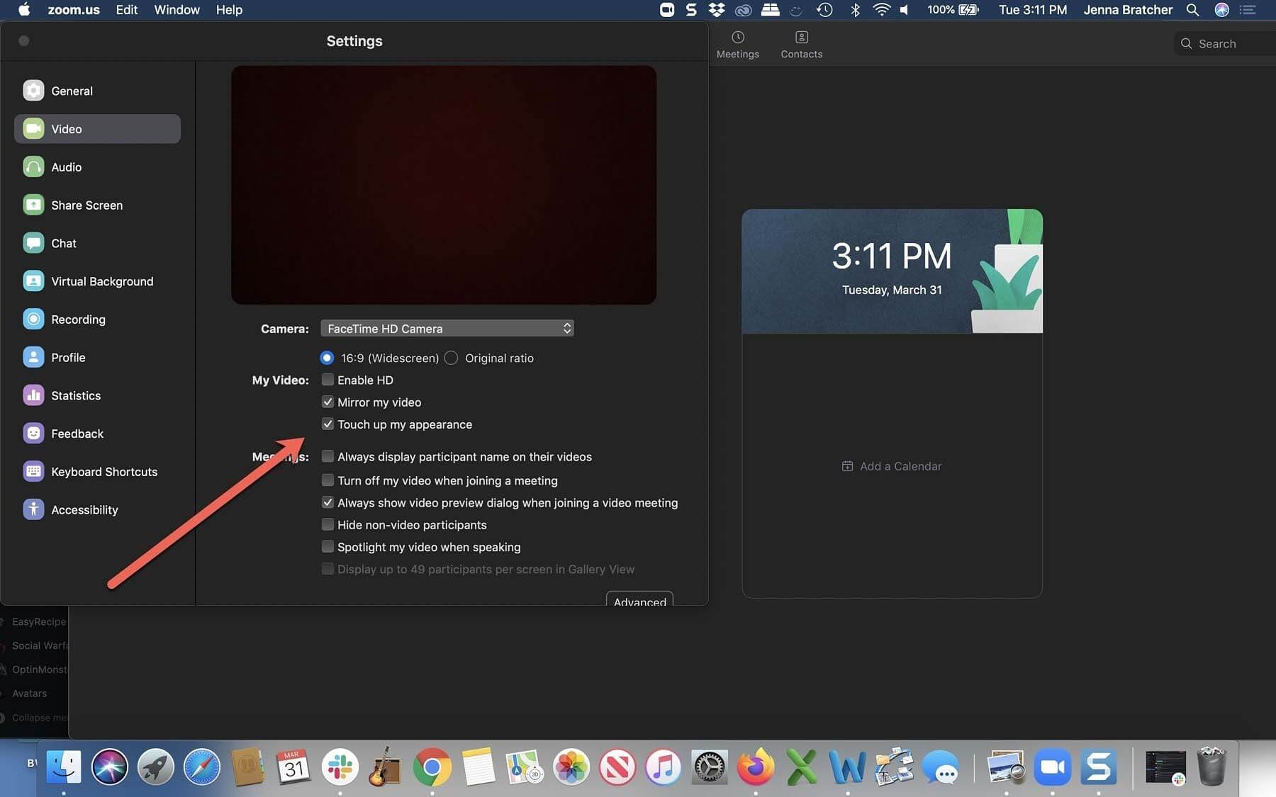 zoom settings for touch up my appearance feature