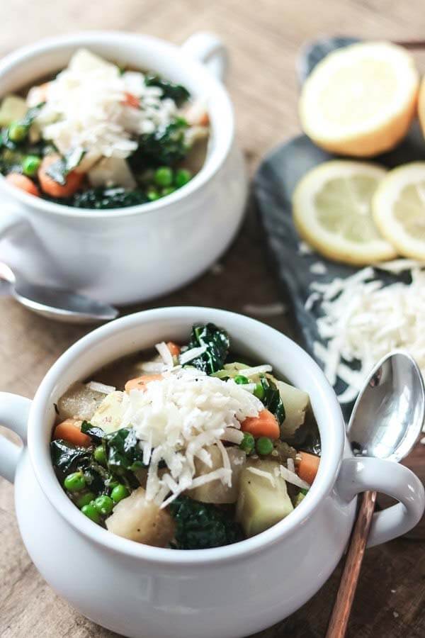 Spring vegetable soup with quinoa and Parmesan