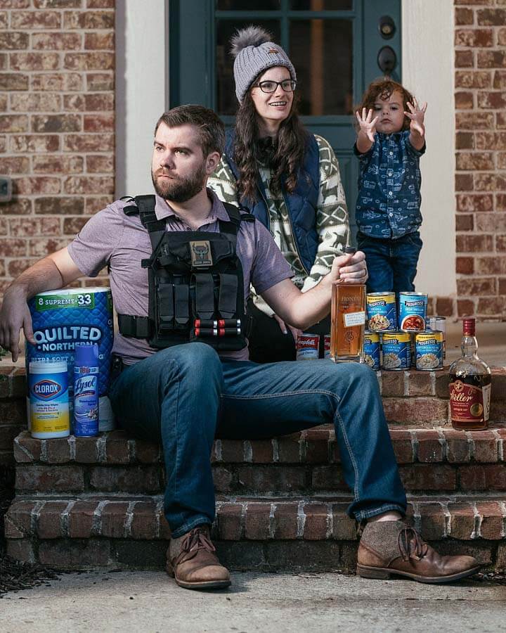 Family with toilet paper, whiskey, canned goods. Image: Tausha Dickinson