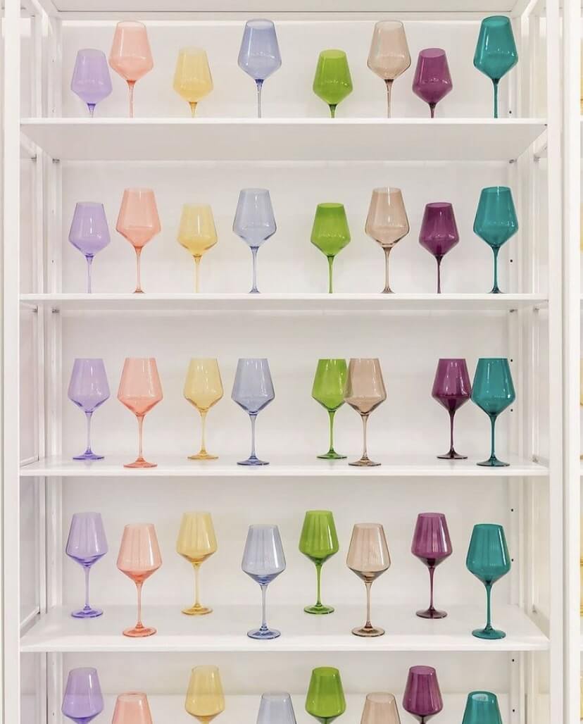 Set of six colored glasses, $175, at Lisa Mallory Interior Design | Image: Estelle Colored Glass Memphis FINDS April: Estelle glasses