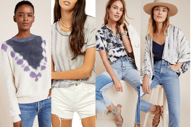 Here are some easy-to-style tie-dye tops we love. This purple and white sweater is $98, the simple t-shirt is $58, the embroidered top is $98 and the kimono is $118. Images: Nordstrom/Anthropologie Tie-Dye Tops & Sweaters