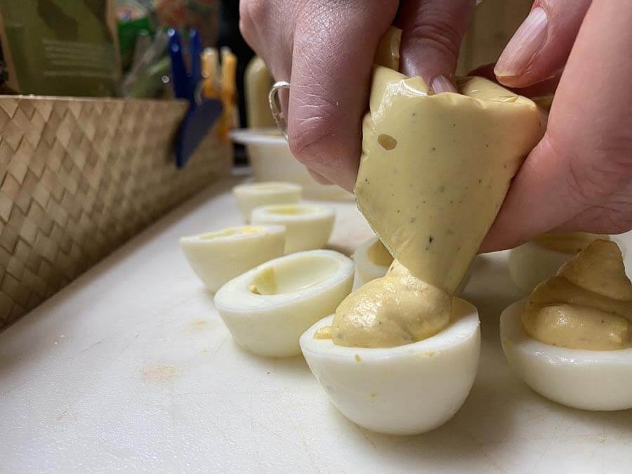 A Ziploc bag used to pipe the filling for deviled eggs.