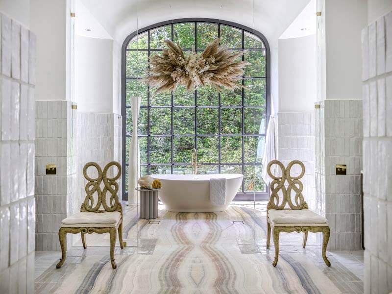 Master bathroom designed by Source, with freestanding tub and Ciot marble floor