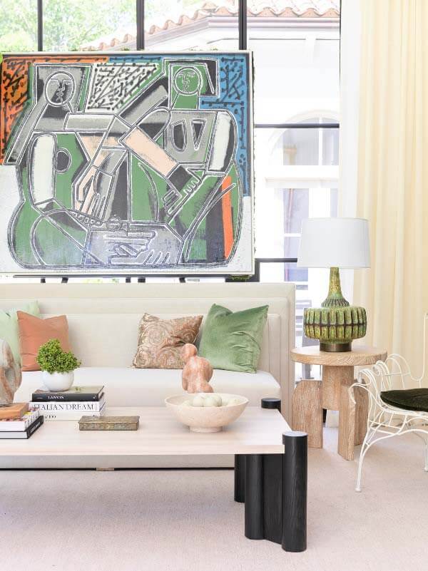 Melanie Turner living room with green and coral accent