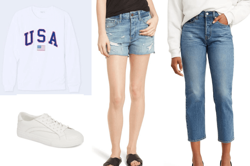 For a July 4th spent hanging at home, pair this USA sweatshirt ($19.99) with jean shorts ($69) or a pair of cropped jeans perfect for summer (on sale for $88.20), and finish the look with simple white sneakers (on sale for $52.80). Images: Target/Nordstrom July 4th Casual Look