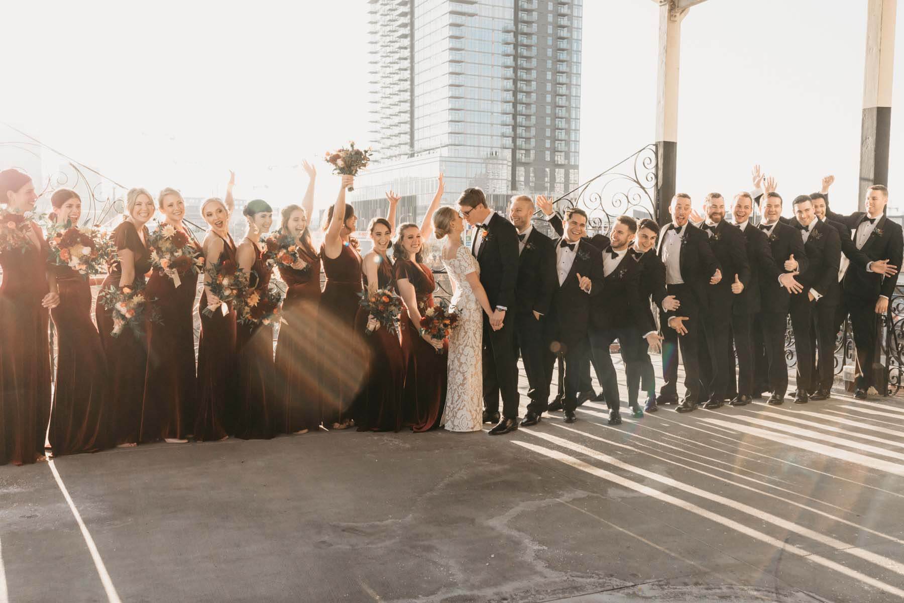 Bridal party celebrating on the Union Station veranda