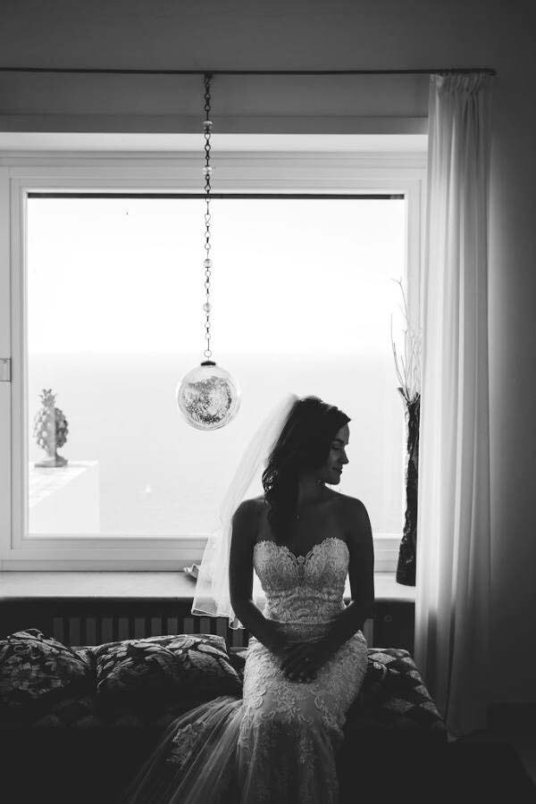 Black and white photo of Lacy in her wedding gown and veil