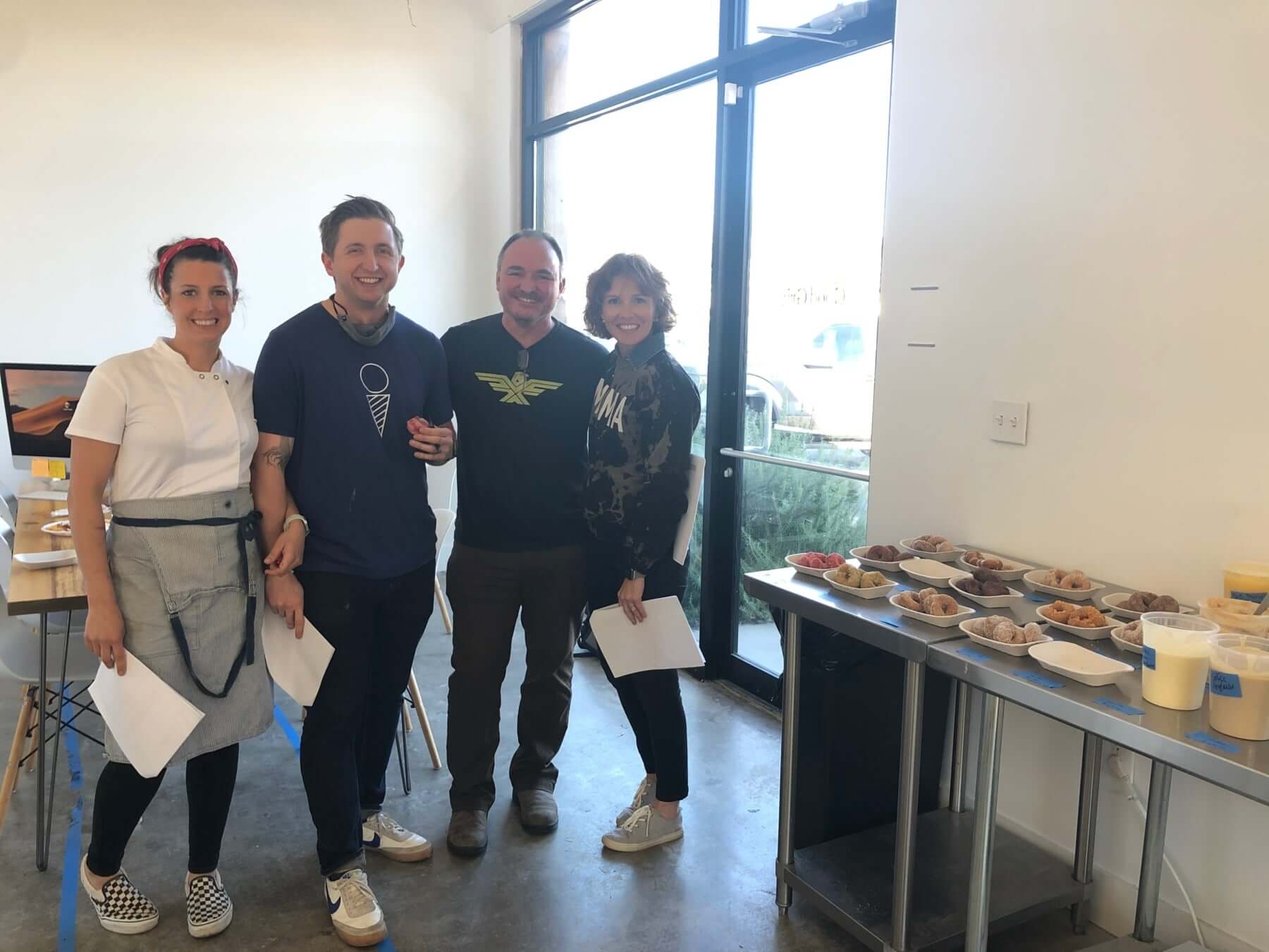 Geri-Martha and Ryan O’Hara with Jim and Amy Watkins at a Sons Donuts tasting. Image: Sons Donuts Geri-Martha and Ryan O’Hara with Jim and Amy Watkins of Sons Donuts