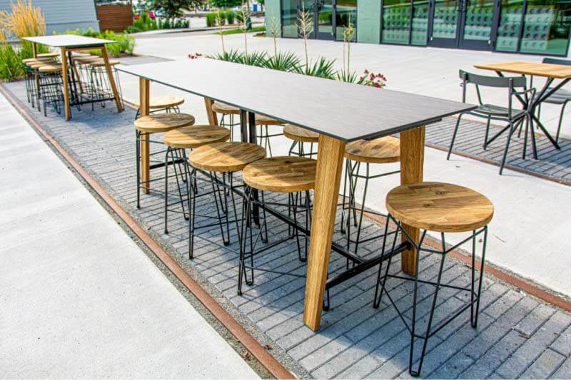 An outdoor work table at Sylvan Supply's courtyard