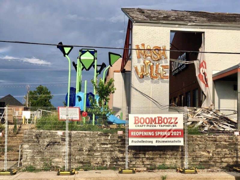 Many of our favorite restaurants sustained major damage in the March tornado. We're excitedly anticipating those that are reopening! Image: Kaleigh Barthelemy Boombozz after Nashville tornado, reopening spring 2021