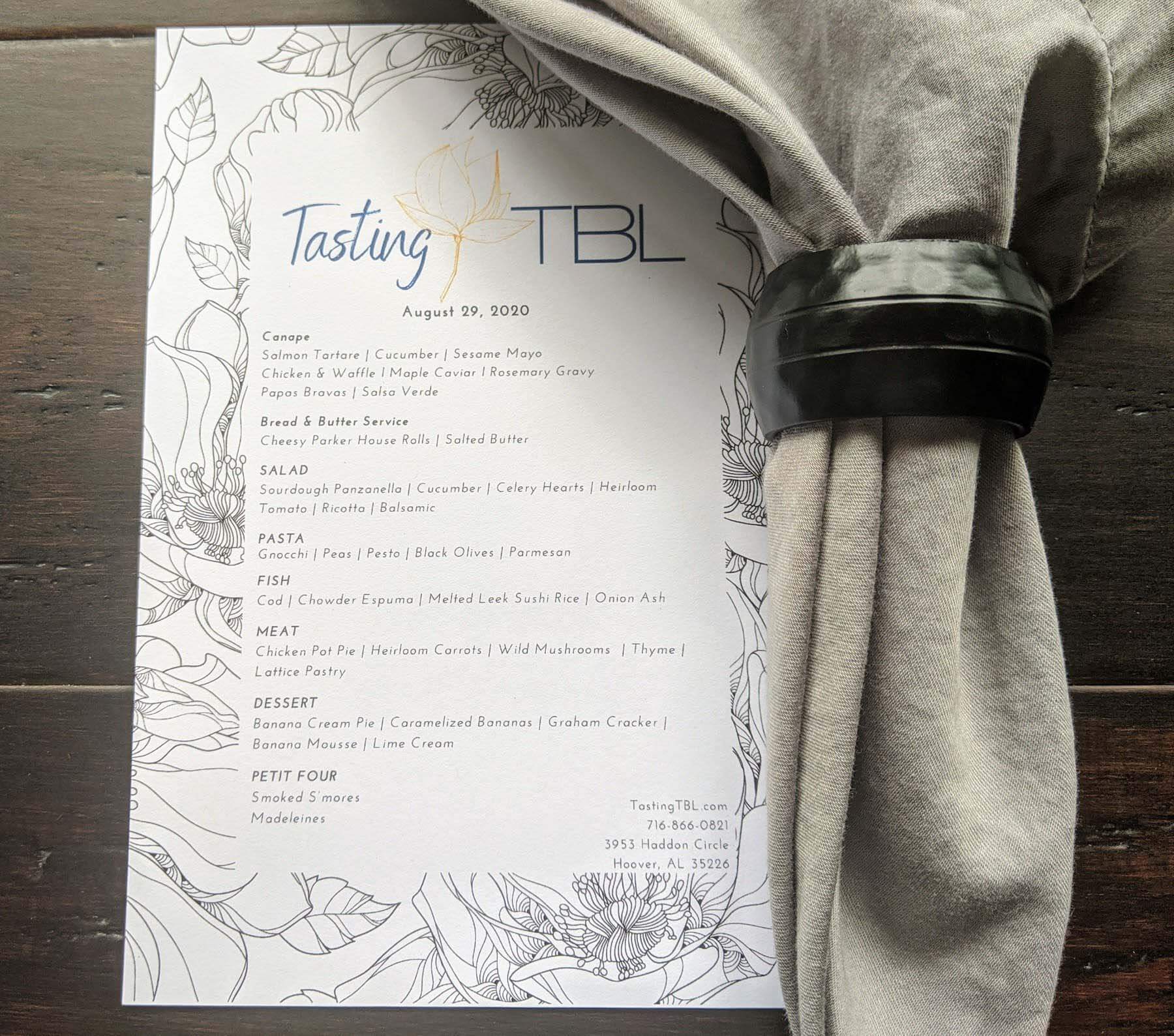 Tasting TBL menu