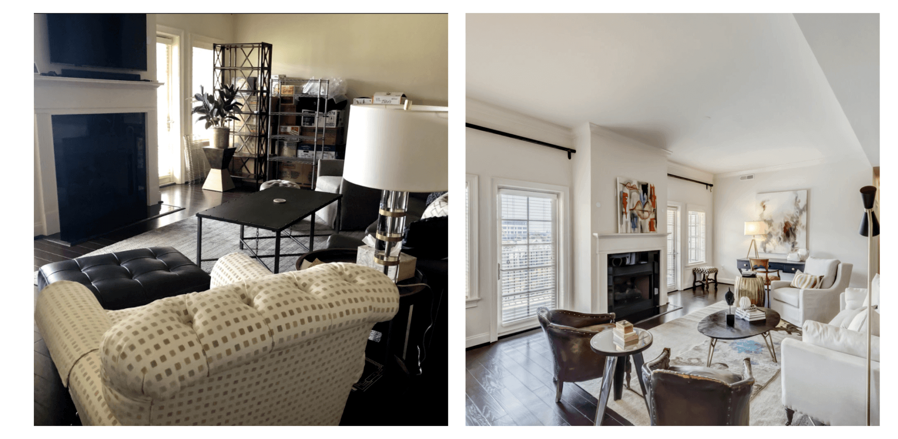 A stunning transformation of a client's living room. Before and after of living room