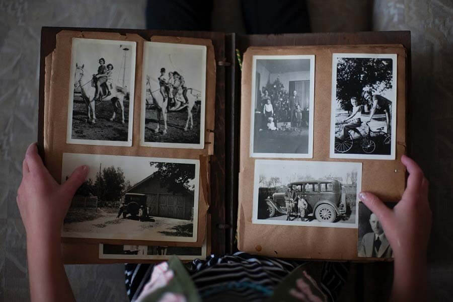 scrapbook with black-and-white photos