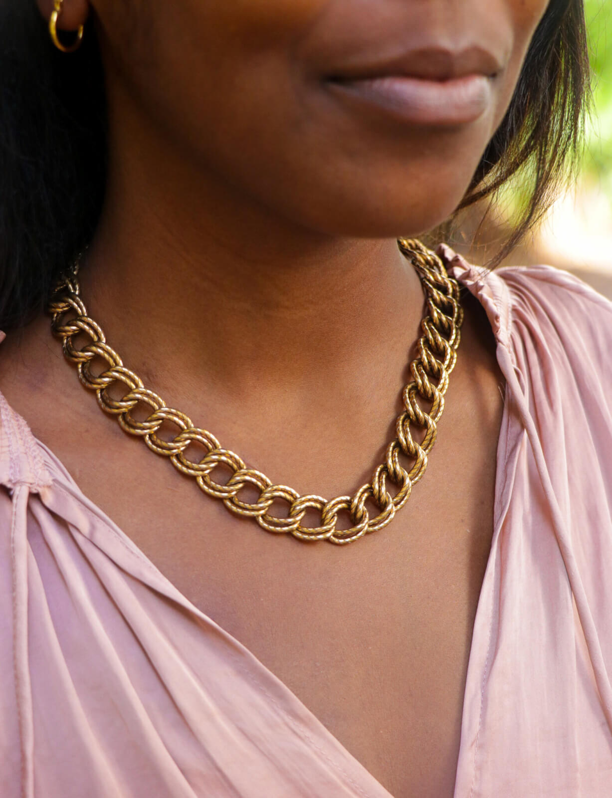 Model wearing Melissa necklace from Ex Voto Vintage