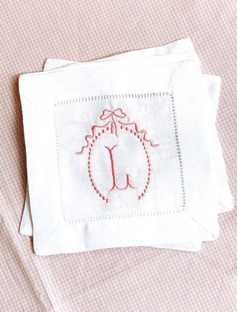 Personalized linen cocktail napkins, $7 each, from Bow and Strand | Image: Bow and Strand Hostess holiday gifts: Personalized linen cocktail napkins from Bow and Strand