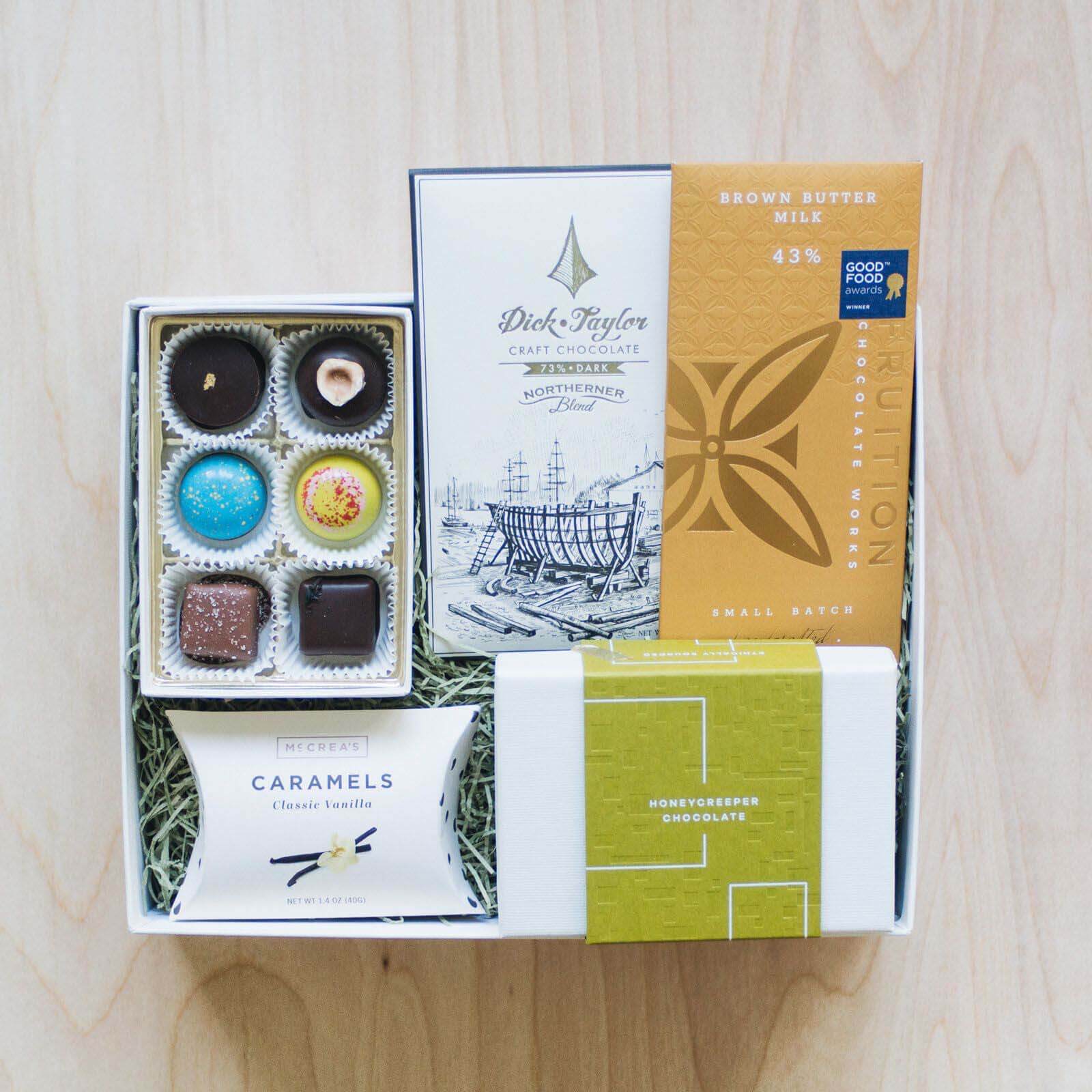 Chocolate gift box, $55, from Honeycreeper Chocolate | Image: Honeycreeper Chocolate Hostess holiday gifts: Assorted chocolate gift box
