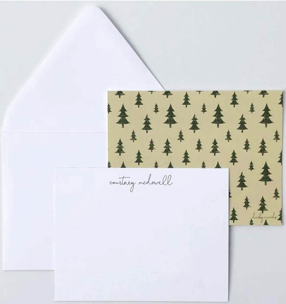 Darby Cards "Delaney" stationery set, $39, here Christmas stationery with christmas trees