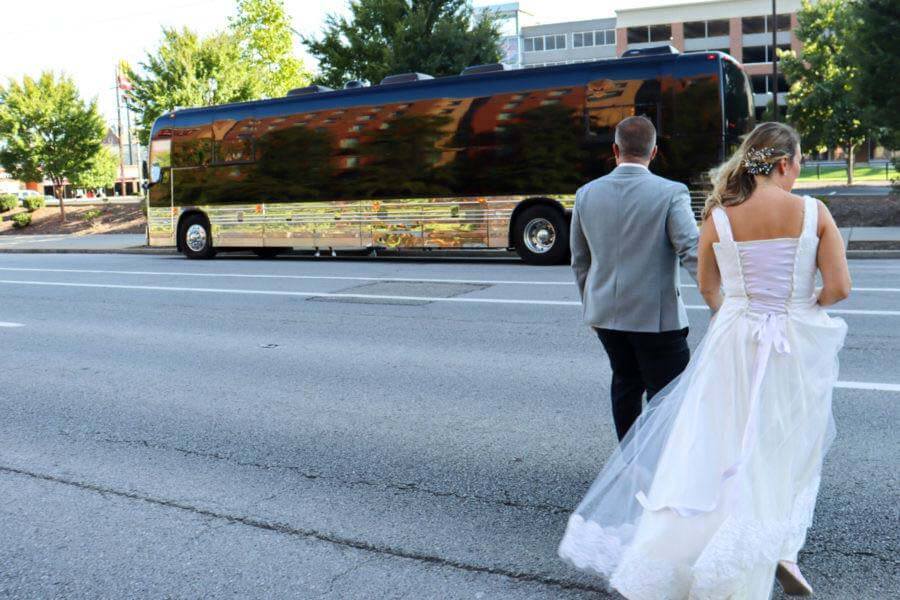 Wedding and Wheels Tour bus with bride and groom
