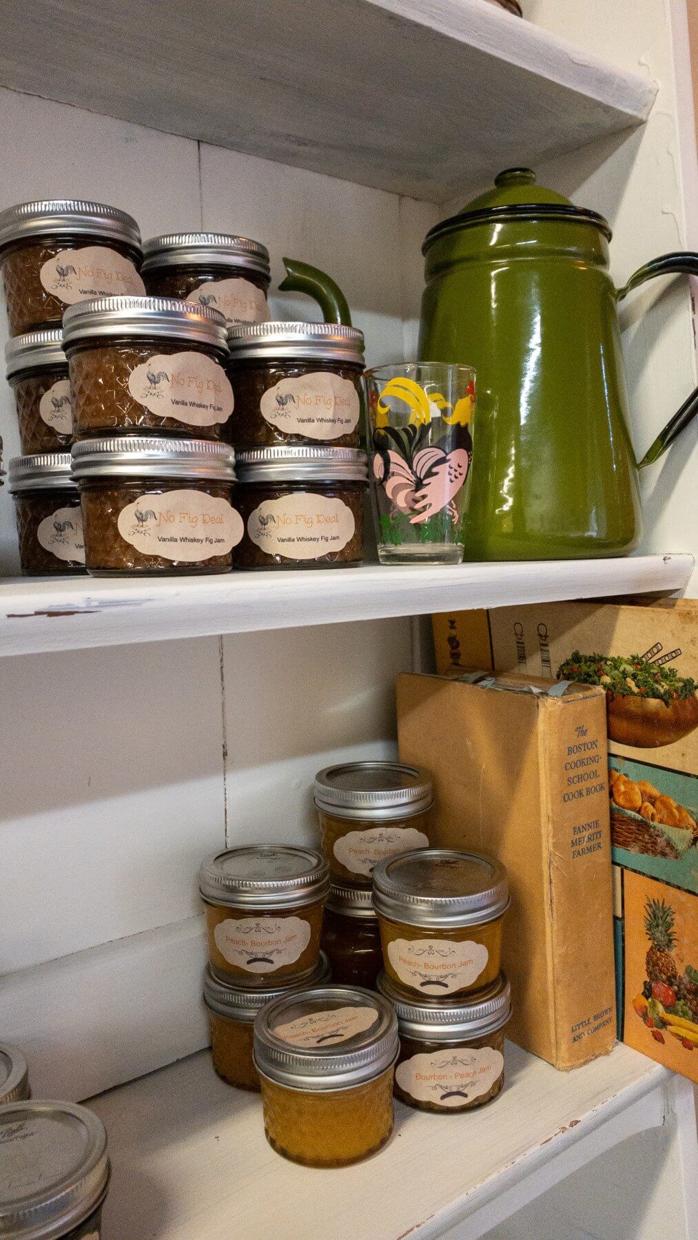 Farm and Fig also sells homemade jams. They’ve got plenty of scrumptious flavors like blueberry lemon, strawberry chai, peach ginger, bourbon peach, and seasonal flavors like No Fig Deal (a fig jam), as well as apple butter and chutney. How to choose? Homemade jams on shelf