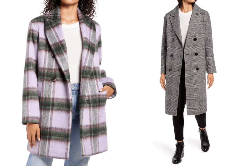 Outerwear trends: two patterned jackets — one purple plaid jacket and one black and white houndstooth coat