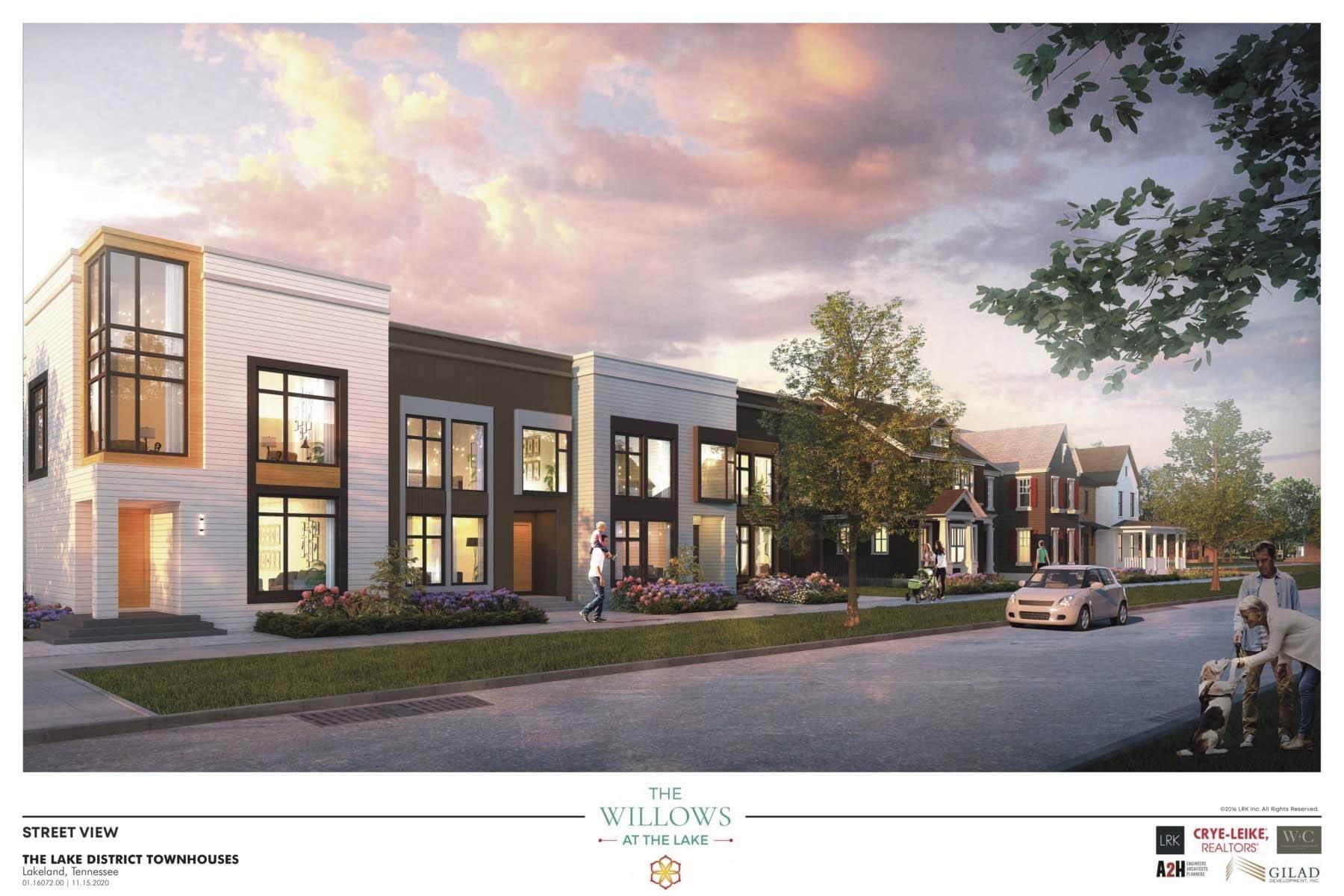 A picturesque golf cart community, The Willows will begin with exceptional townhouses. Residents can enjoy the space, privacy and feeling of a detached single-family home. This rendering shows the option of modern architecture. Image: The Lake District, LLC. Rendering of The Willows at the Lake in The Lake District