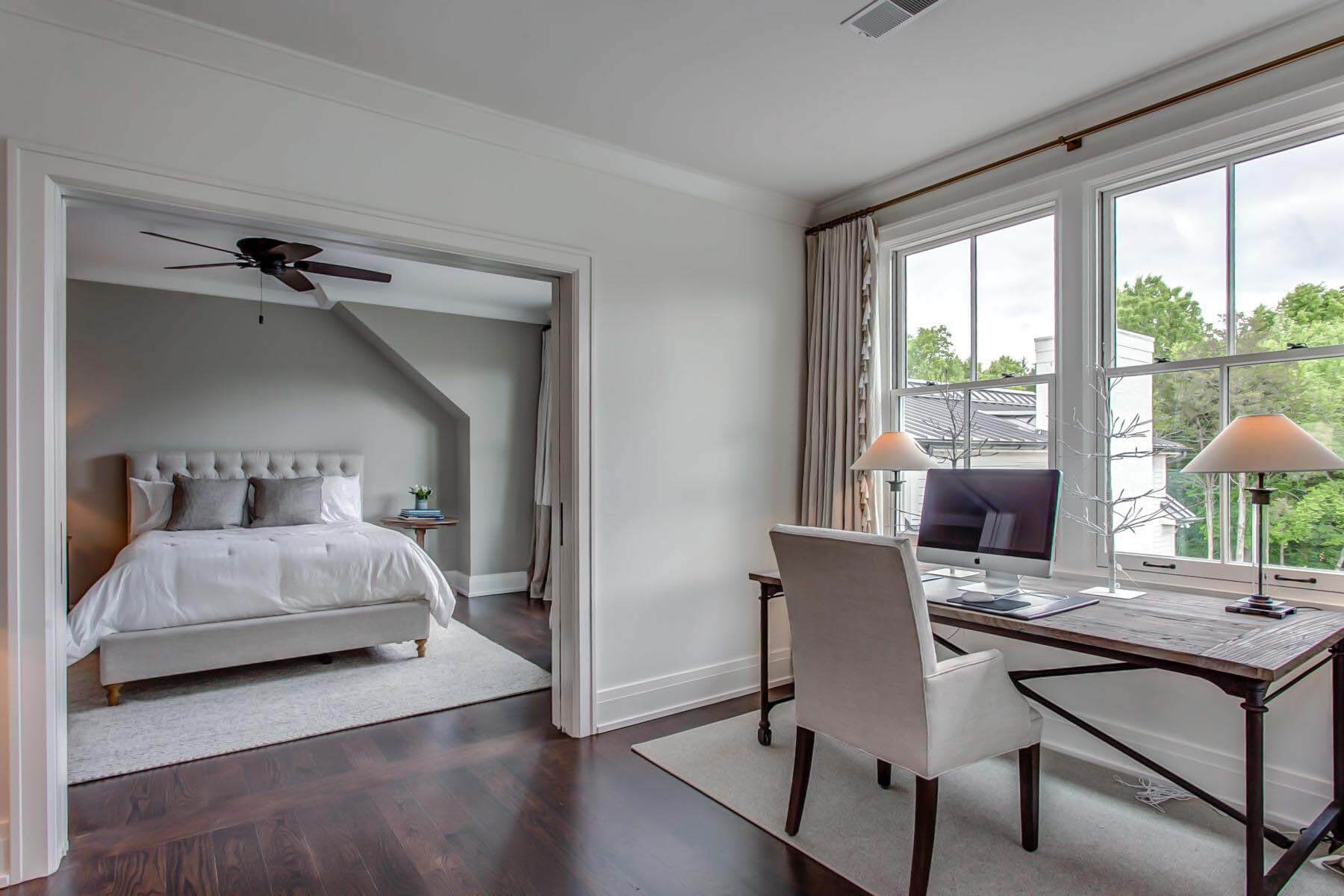 A home office off of a bedroom ensures no work is done in bed.