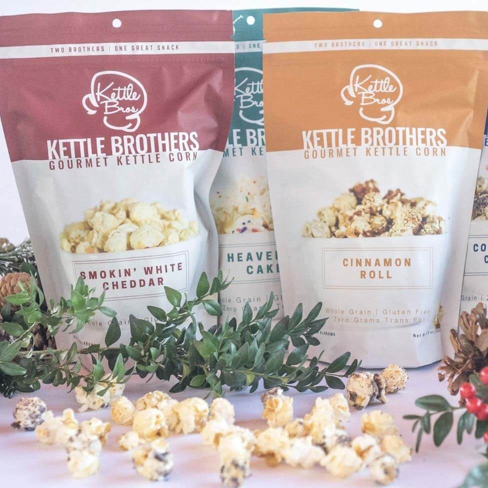 Order Kettle Bros. products by December 15 for on-time Christmas delivery. Bags of smokin' white cheddar, heavenly cake and cinnamon roll flavored kettle corn from Kettle Bros.