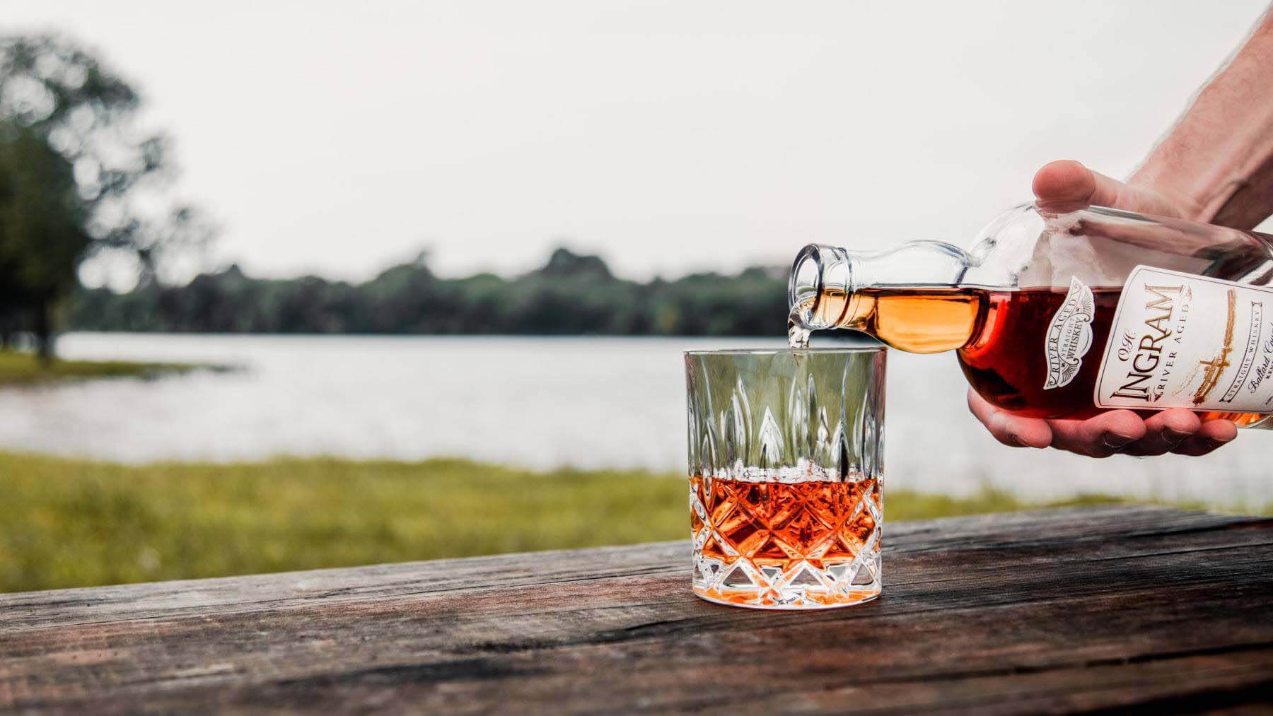 O.H. Ingram River Aged Whiskey being poured into a glass
