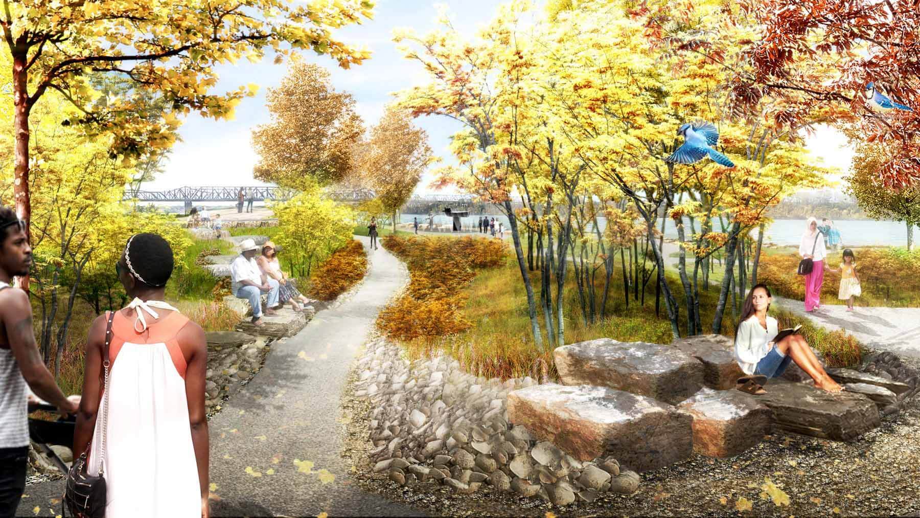The paths that weave through the Community Batture are designed to create intimate gathering spaces for people to connect with the landscape. Tom Lee Park Memorial