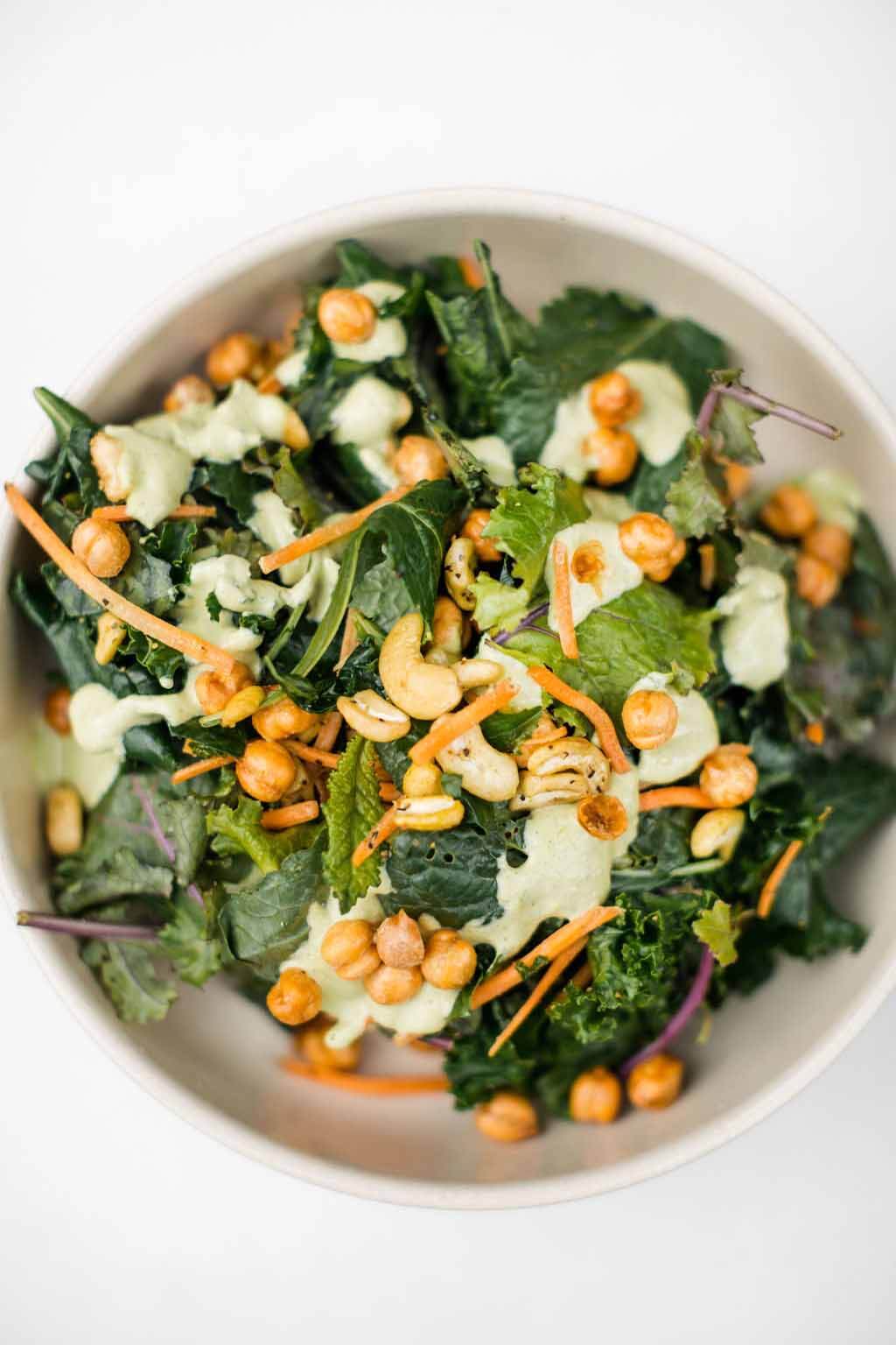 With a nod to Nashville's ever-popular hot chicken trend, this kale salad is both nutritious and flavorful. Image: E+Rose Wellness Bodega "Nashville Hot" Kale Salad, a dish from Vegan restaurant E+Rose Wellness Company