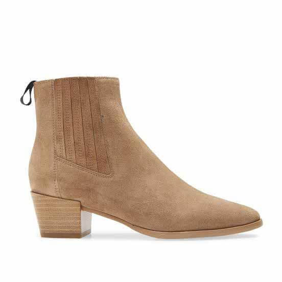 These neutral brown booties have a great shorter heel and a cool Chelsea boot style. Shop them for $425 at Oak Hall. Image: Oak Hall Tan boots with short heel and pointed toe