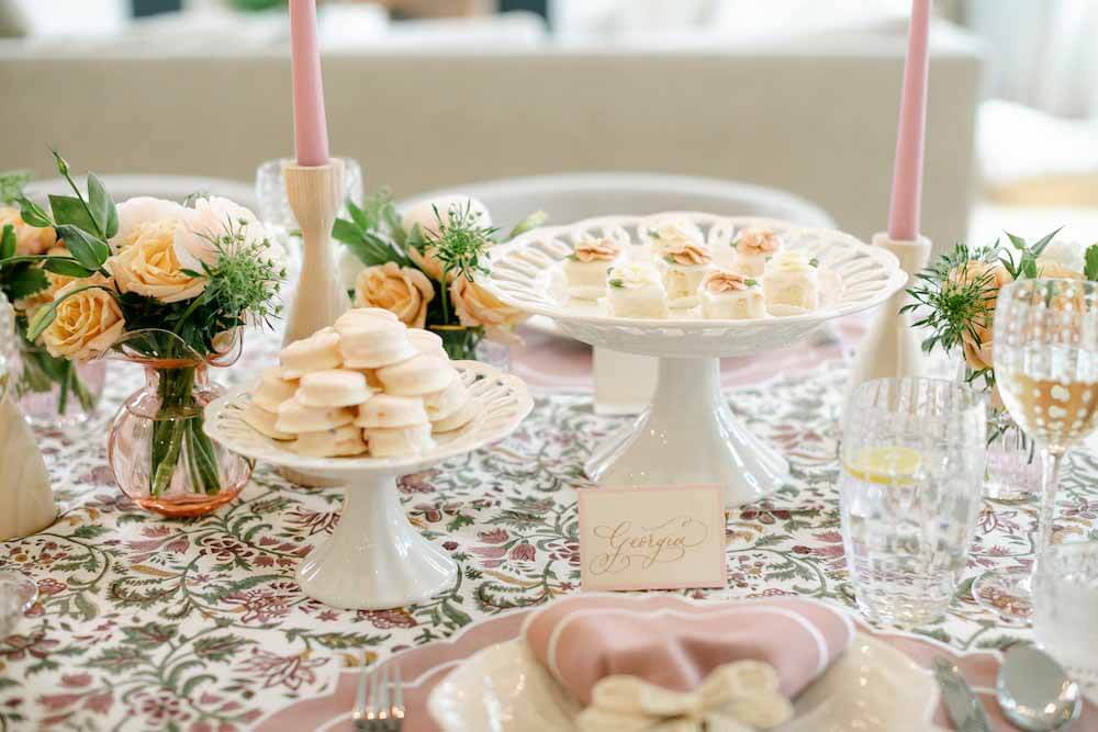 Springtime tablescape with cake and place cards