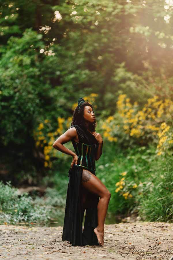 Model wearing black corset made by Alisha Martin, a Kentucky artist