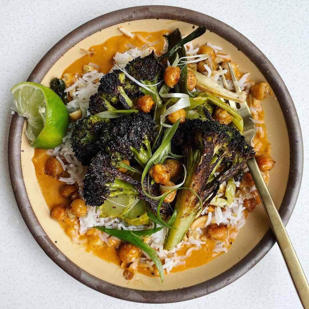 Create tasty dishes like this crispy broccoli and chickpea bowl when you join Molly Baz’s recipe club. Image: Instagram Crispy broccoli and chickpea bowl by Molly Baz