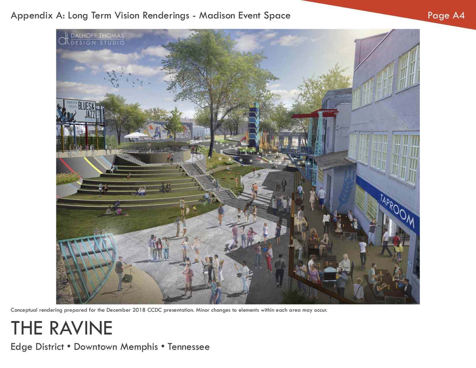 Visitors to Memphis Made will have easy access to The Ravine which will serve as a connecting point for the area. Image: DALHIFF THOMAS design studio Rendering of Madison event space at The Ravine in the Edge District