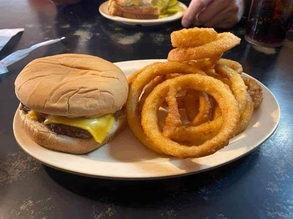 Burger and onions rings at Bell's, a rural tennessee restaurant