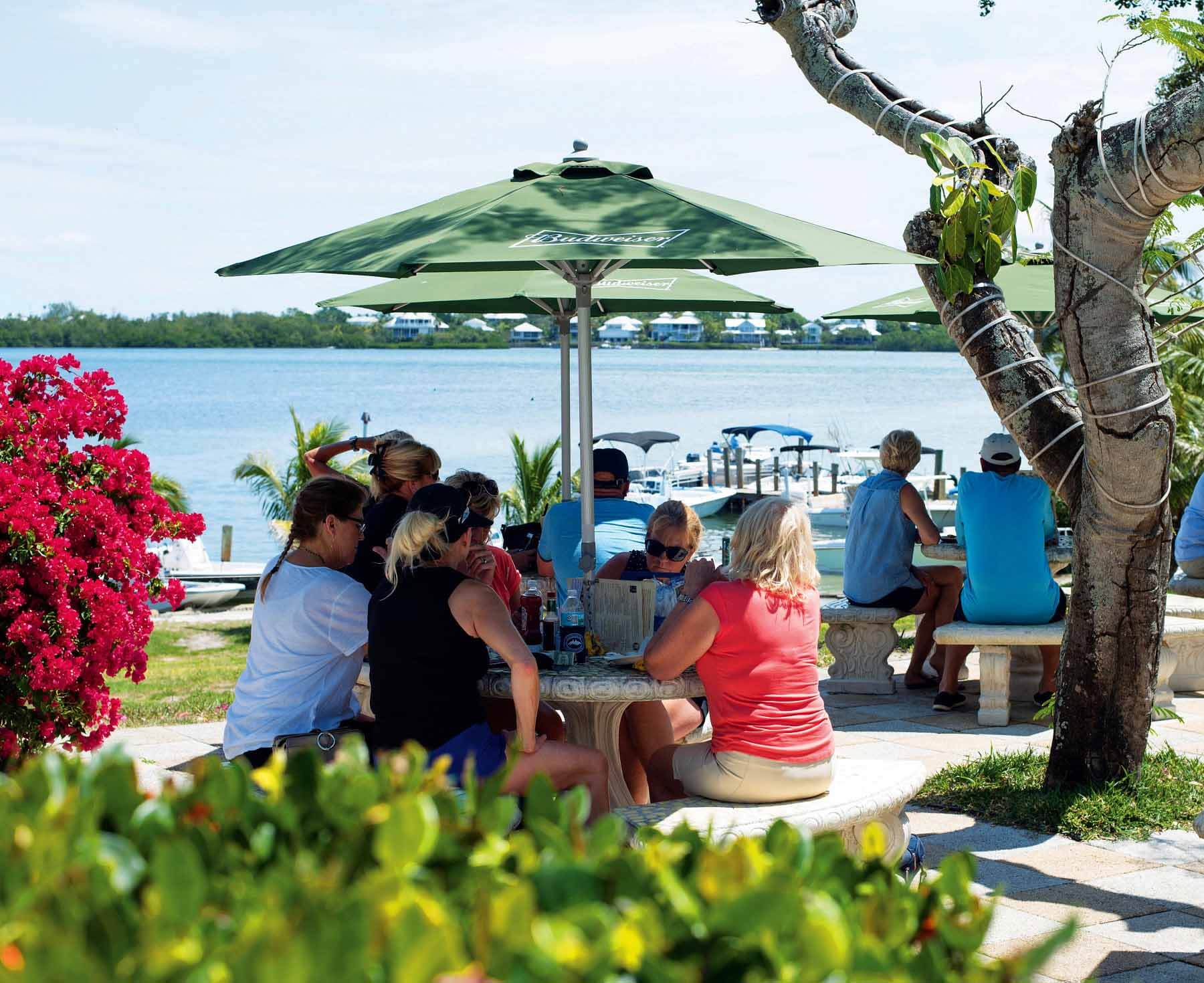 People enjoying patio on Cabbage Key Island 