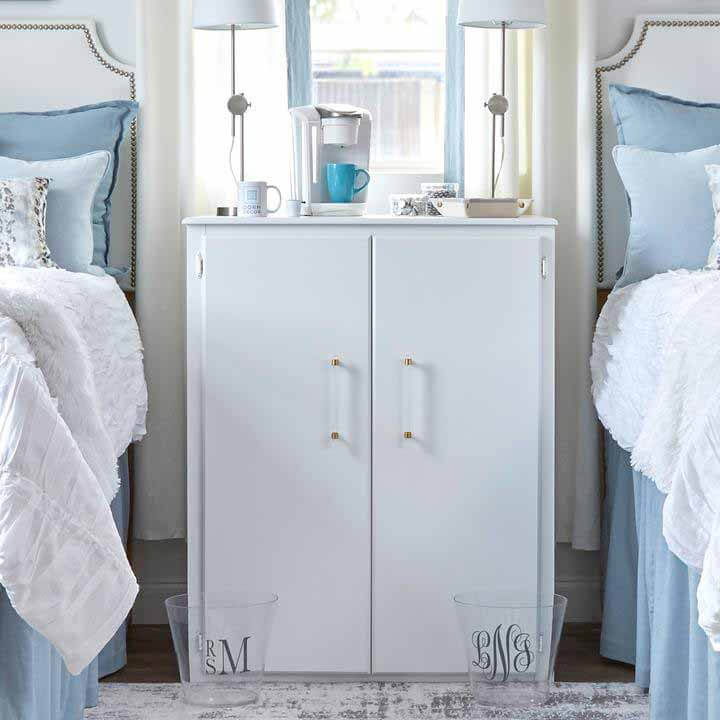 Dorm Decor's console combines style and practicality seamlessly, keeping cords, appliances and snacks out of sight. Dorm Decor white console