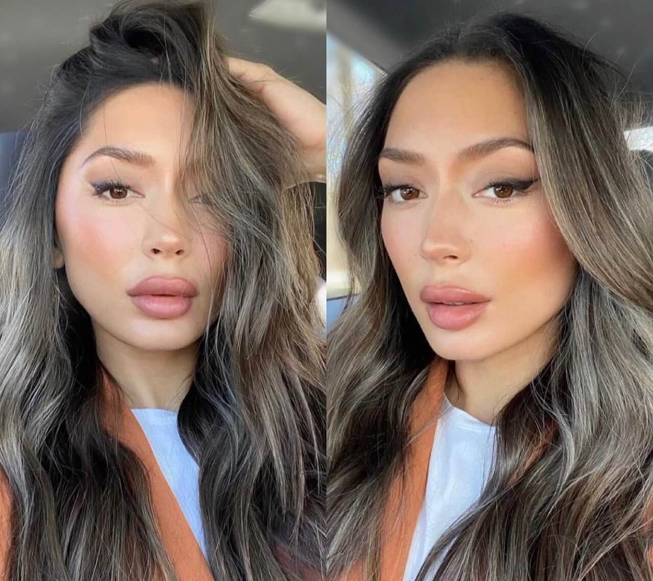 Side part versus middle part: the same model displays both, side by side