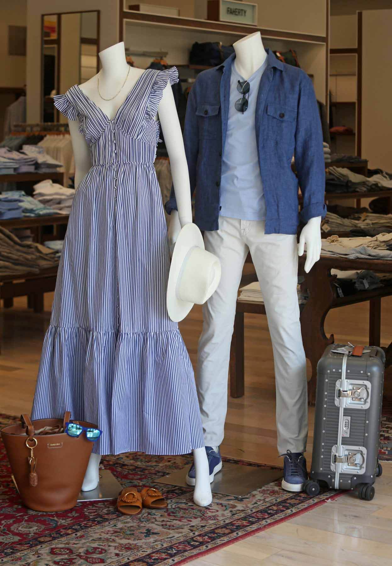 These spring fashion looks would also be perfect for any of your future getaways. And, if you're in search of new luggage that doesn't compromise style, this pictured FPM suitcase ($1,495) does just the trick. Male and female mannequins at Oak Hall wearing complimentary spring fashion looks