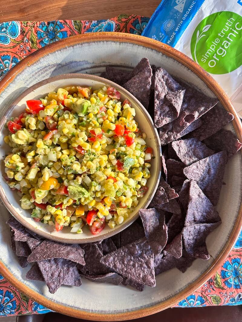 corn salsa with blue corn tortilla chips