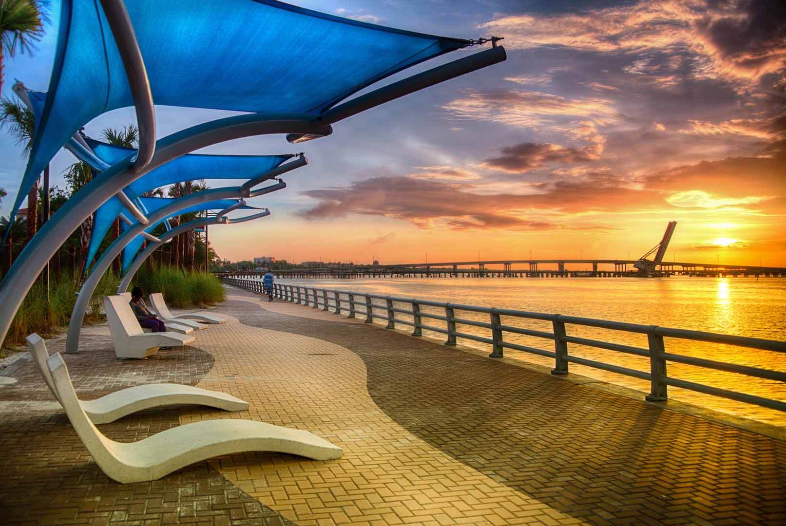 Chairs and umbrellas along the RiverWalk