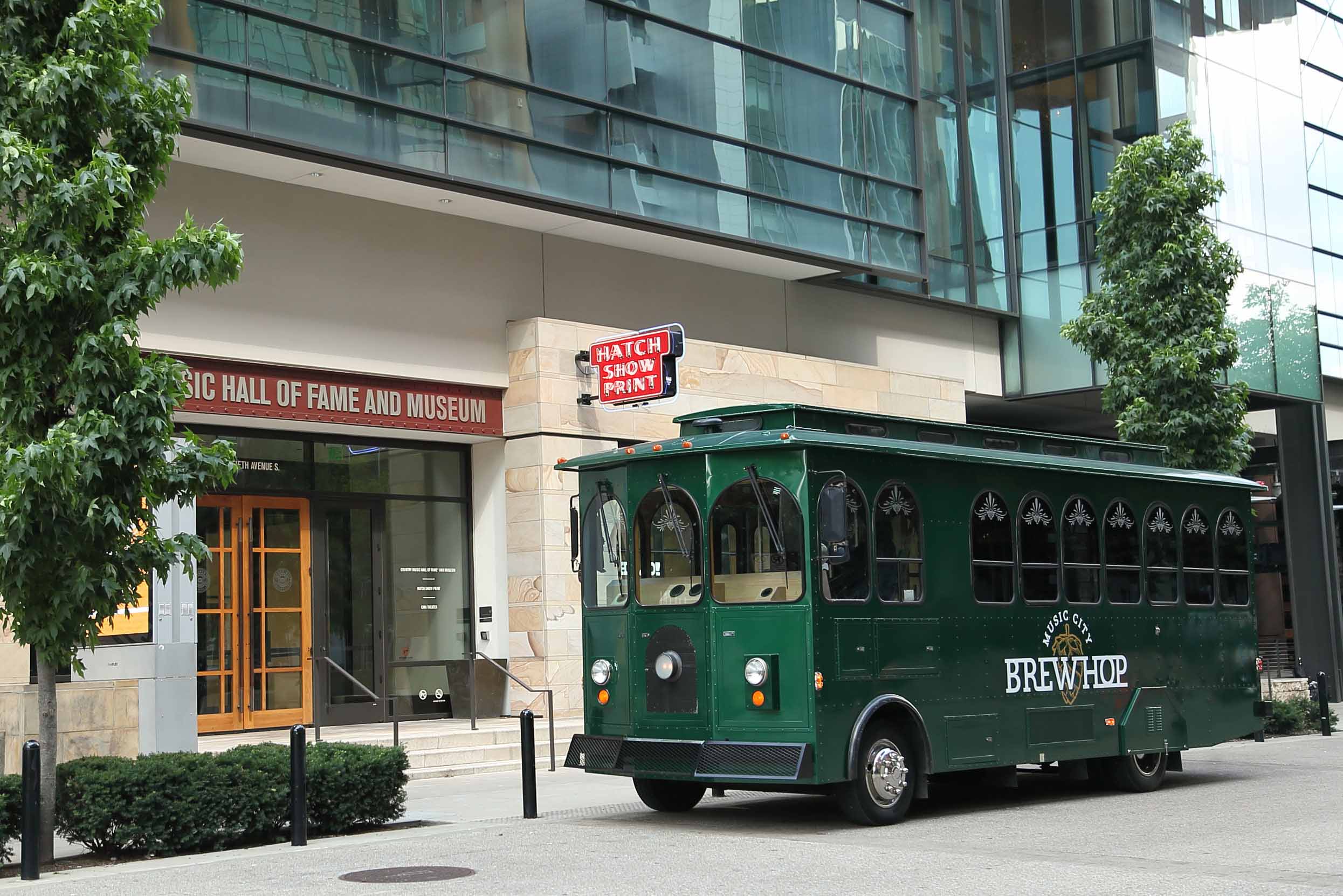 The Music City Brewhop Tour trolley in front of the Country Music Hall of Fame