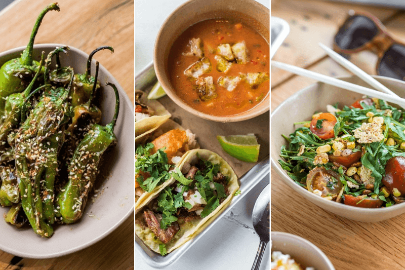 Bartaco Blistered Peppers, Tacos, Gazpacho, and Salad