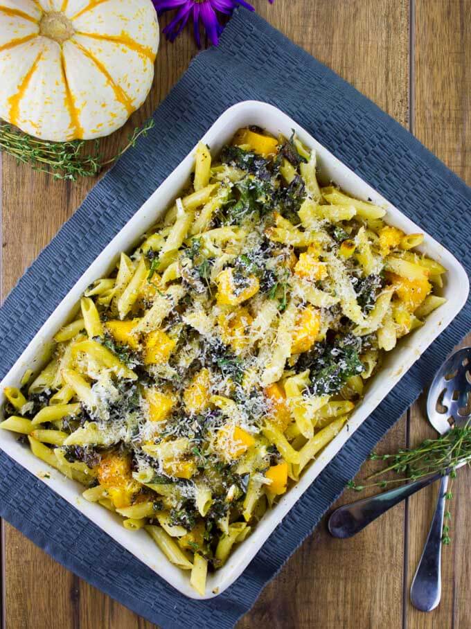 Fall Baked Pasta with Pumpkin, Kale, and Mushrooms