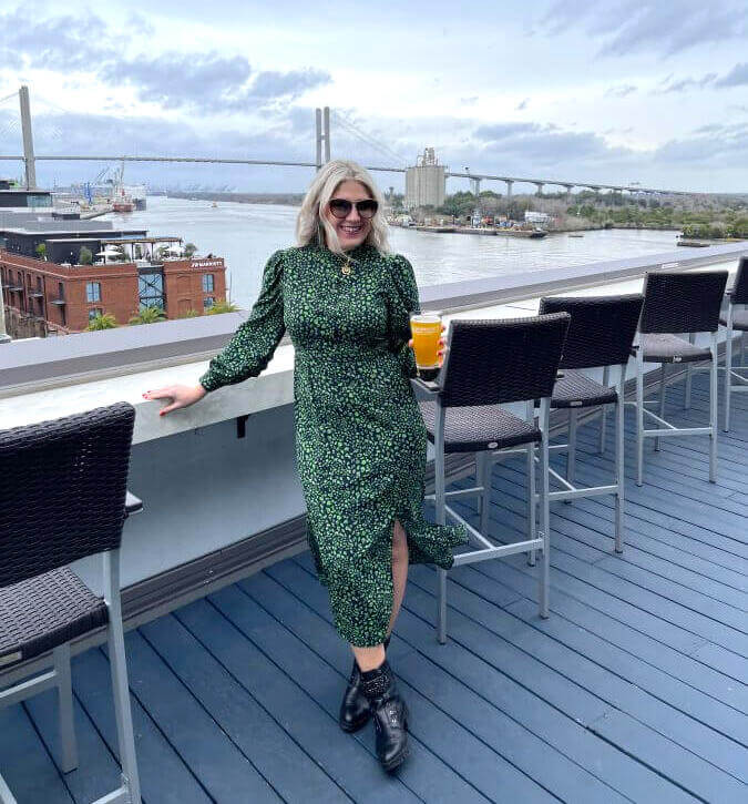 What to wear to fall events: Monica Farber high neck dress on rooftop