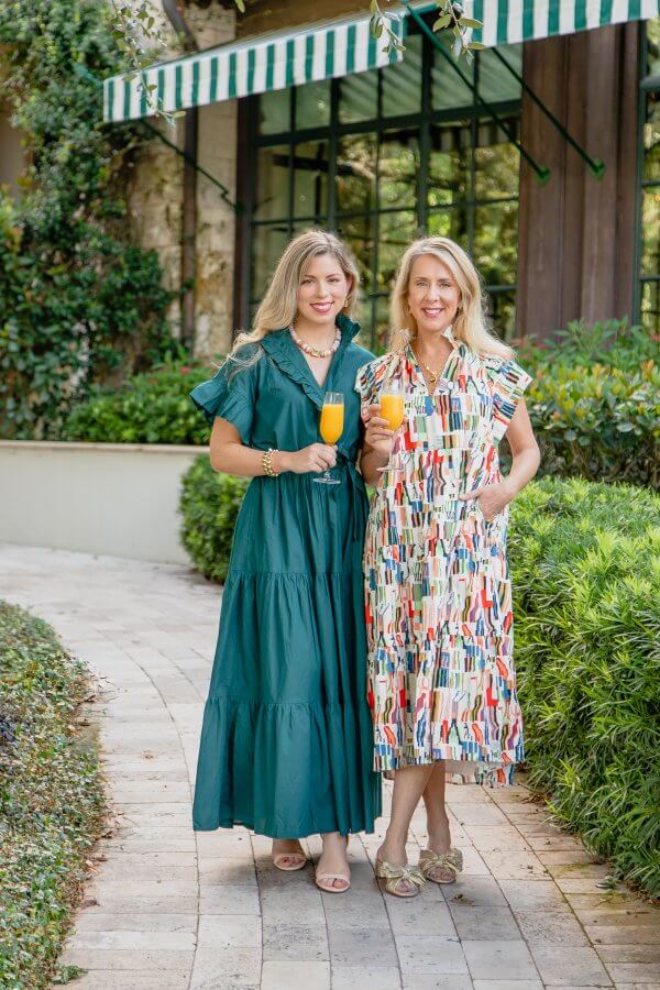 What to wear to fall events: Catherine Slade and Sallie Tolleson in Saint Simon maxi dresses