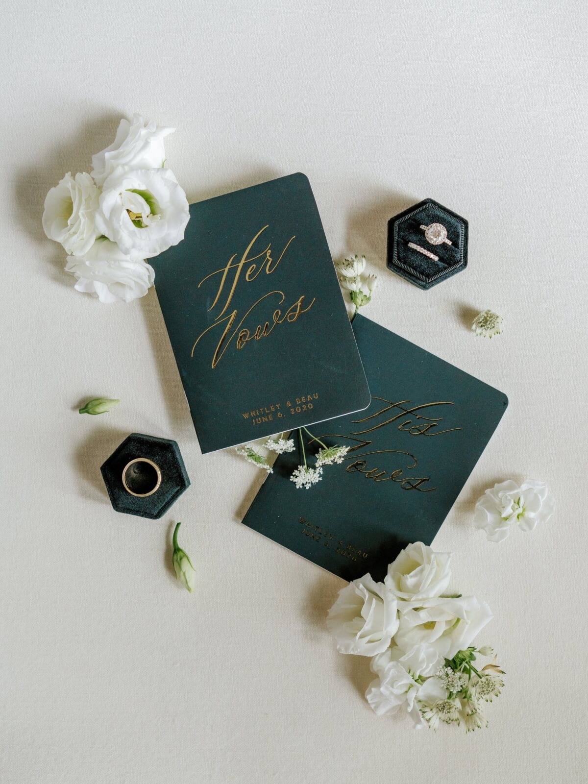 Wedding rings and "his and hers" vow books, surrounded by white florals.