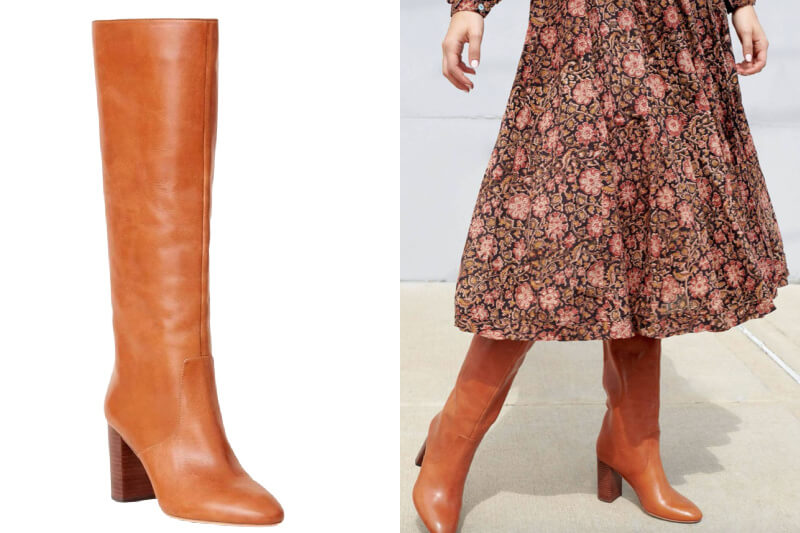 Knee-high camel boots paired with a prairie dress, a fall fashion trend